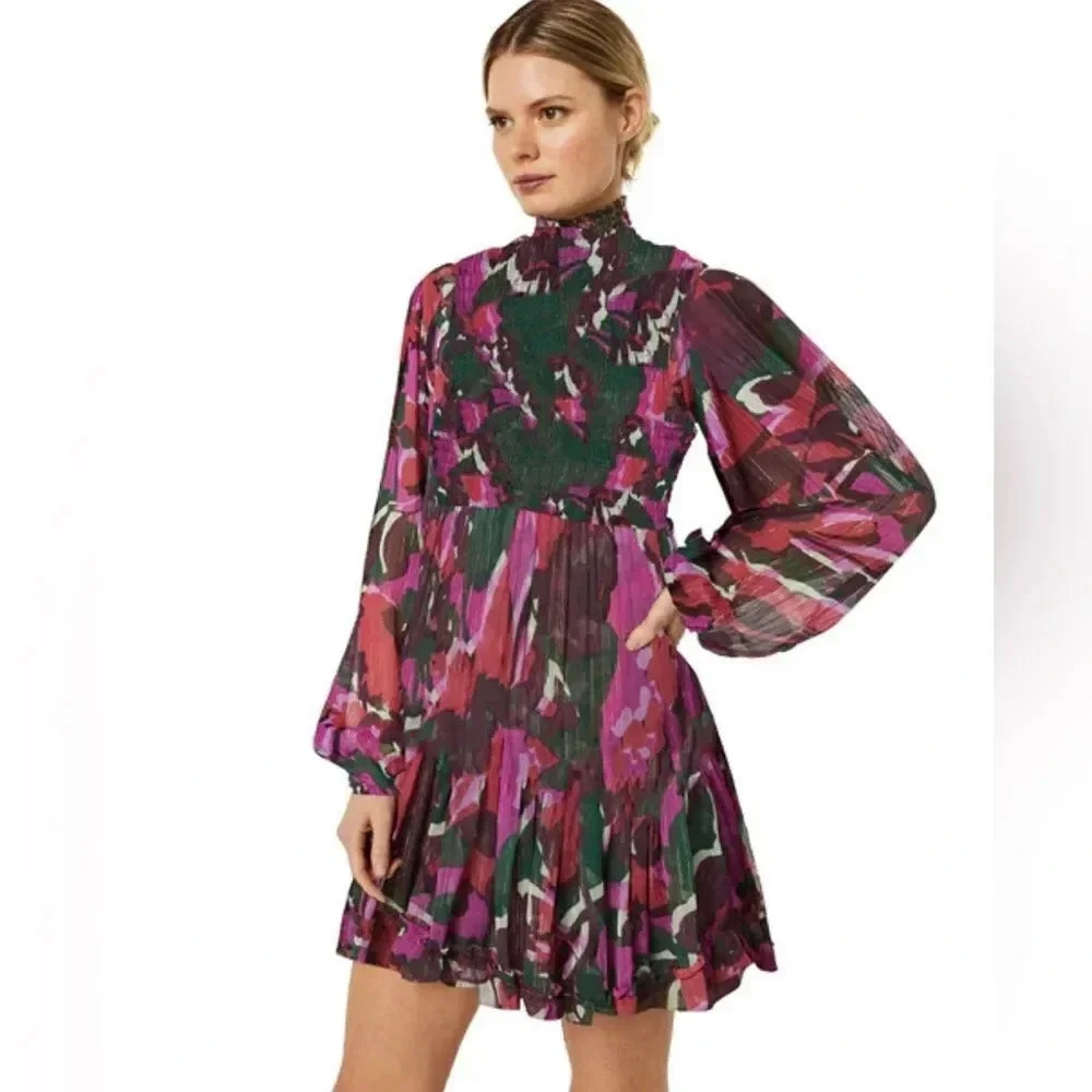 Misa Jessa Turtleneck Smocked Print Dress In Holiday Sparkle